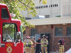 Firefighters investigate a minor ammonia leak at Farquharson arena in London's Old South neighbourhood on Sept. 15, 2019. (MEGAN STACEY/The London Free Press)