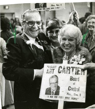 Art Cartier with wife Wilma, veteran board of control member, celebrates his victory, 1982. (London Free Press files)