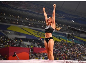 Londoner Alysha Newman reacts at the women's pole vault final during the World Athletics Championships held at Khalifa International Stadium, Doha, Qatar in September 2019.