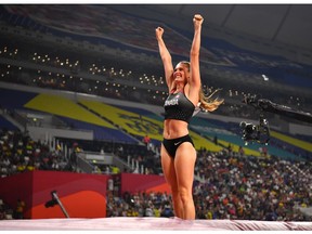 Canada's Alysha Newman reacts at the women's pole vault final Sunday during the World Athletics Championships held at Khalifa International Stadium, Doha, Qatar.