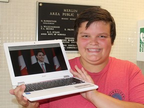 Merlin Area Public School student Kent Mosey couldn't believe it when he answered his cell phone on Tuesday afternoon and it was Prime Minister Justin Trudeau calling. (Ellwood Shreve/Chatham Daily News)