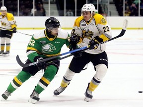 London Knights' Sahil Panwar (62) battles Sarnia Sting's Justin O'Donnell (22) in the second period at Progressive Auto Sales Arena in Sarnia, Ont., on Saturday, Aug. 31, 2019. (Mark Malone/Postmedia Network)