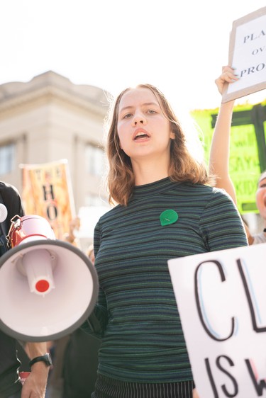 Student organizer Genevieve Langille, 16, led hundreds of London students through a peaceful protest downtown as part of the Global Climate Strike, which took place in 150 countries around the world. (Max Martin, The London Free Press)