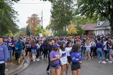 Students and young people take to Broughdale Avenue as part of the annual FOCO, or Fake Homecoming, celebrations on Saturday, Sept. 28, 2019. (MAX MARTIN, The London Free Press)