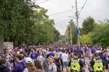 Students and young people take to Broughdale Avenue as part of the annual FOCO, or Fake Homecoming, celebrations on Saturday, Sept. 28, 2019. (MAX MARTIN, The London Free Press)