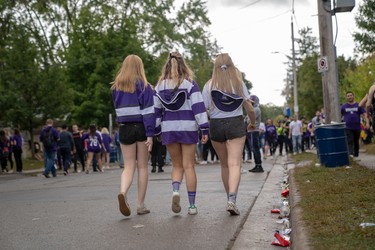 Students and young people take to Broughdale Avenue as part of the annual FOCO, or Fake Homecoming, celebrations on Saturday, Sept. 28, 2019. (MAX MARTIN, The London Free Press)