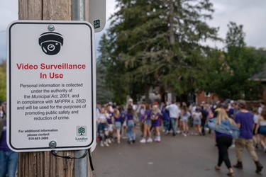 A new tactic to crack down on the Broughdale Avenue bash and ensure public safety this year was installing surveillance cameras on the street. Photo taken Saturday, Sept. 28, 2019. (MAX MARTIN, The London Free Press)