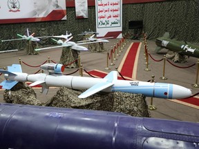 Missiles and drone aircraft are seen on display at an exhibition at an unidentified location in Yemen in this undated handout photo released by the Houthi Media Office on September 17, 2019. Houthi Media Office/Handout via REUTERS.