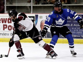 Chatham Maroons' Aleksa Babic (47) skates away from London Nationals' Griffin Sinden (20) in the third period at Chatham Memorial Arena in Chatham, Ont., on Sunday, Sept. 15, 2019. Mark Malone/Chatham Daily News/Postmedia Network