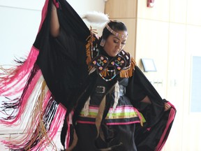 Allyson Doxtator, part of the Ukwehuwe Connection dance troupe, performs at Museum London during Doors Open on Sept. 14, 2019. (MEGAN STACEY/The London Free Press)