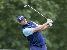 Taylor Pendrith tees off at the par three tenth hole of Highland Country Club during the Canada Life Championship in London, Ont. on Thursday. Derek Ruttan/The London Free Press)