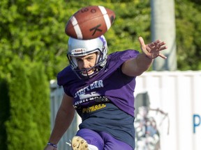 Western Mustang football kicker Marc Liegghio during practice at TD Stadium in London. (Derek Ruttan/The London Free Press)