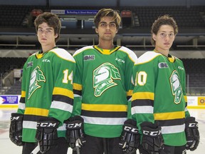 London Knight young guns L to R Luke Evangelista, Sahil Panwar and Antonio Stranges in London, Ont. on Thursday September 19, 2019. Derek Ruttan/The London Free Press/Postmedia Network