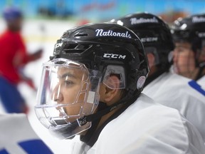 Longtime Nationals player, here at a preseason game on Wednesday, Max Vinogradov is playing his final season with the Junior B London Nationals. (Mike Hensen/The London Free Press)