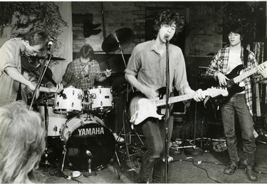 Lifeless Currents, members Pat Gilmour, drummer Mike Munroe, lead singer Alun Piggins and bassist Chris Mitchell play Call the Office, 1986. (London Free Press files)