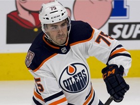 Edmonton Oilers prospect Evan Bouchard during rookie-game action on Sept. 11, 2018, in Edmonton.