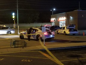 London police responded to reports of a gunshot in a mall parking lot near Sherwood Forest Square and Wonderland Road North at about 12:09 a.m. Friday. (JOHN LUND, The London Free Press)