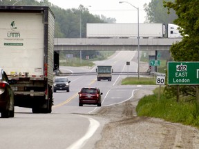 Highway 402, seen here at the Hickory Drive underpass east of Strathroy, now has a higher speed limit, part of a provincial pilot project. (Louis Pin/Postmedia News)