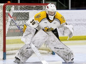 Goalie Ben Gaudreau, 16, showed little in the way of rookie jitters as he won his first two starts for the Sarnia Sting. (Mark Malone, Postmedia Network)