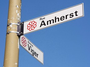 The sign for Amherst street is seen in Montreal on September 13, 2017. Montreal will officially change the name of Amherst Street to mark National Indigenous Peoples Day. A spokesman for Mayor Valerie Plante says the new name will honour someone of Indigenous significance. For more than 200 years, the street has been named for British general Jeffery Amherst, who oversaw the capitulation of Montreal on Sept. 8, 1760. (File photo)