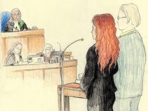 Daniella Leis is shown in a courtroom sketch of her appearance on Oct. 2, 2019. Leis pleaded guilty Thursday to four counts of impaired driving causing bodily harm in a crash Aug. 14, 2019, that sparked an explosion in Old East Village that destroyed a home and injured four emergency responders. Illustration by Charles Vincent/The London Free Press