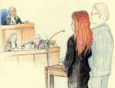 Daniella Leis, accused in an Aug. 14 crash that preceded a massive Old East Village explosion, appeared in court on Wednesday Oct. 2, 2019. Illustration by Charles Vincent/The London Free Press