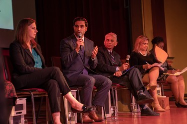 Liberal candidate Peter Fragiskatos fields a question about how his party, if elected, would work with Indigenous People on environmental issues, during an all-candidates debate at the Aeolian Hall. (Max Martin, The London Free Press)