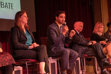 Peter Fragiskatos answers a question about London's workforce during a London North Centre candidates' debate at the Aeolian Hall Tuesday. (Max Martin, The London Free Press)