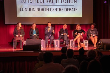 The six London North Centre candidates face off during a Tuesday night debate at the Aeolian Hall. (Max Martin, The London Free Press)