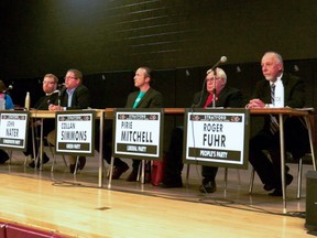 The Perth-Wellington candidates running in the Oct. 21 federal election fielded questions from Stratford high school students Tuesday morning. Pictured from left are Christian Heritage Party candidate Irma DeVries, NDP candidate Geoff Krauter, Conservative candidate John Nater, Green candidate Collan Simmons, Liberal candidate Pirie Mitchell, and People's candidate Roger Fuhr. Galen Simmons/The Beacon Herald/Postmedia Network
