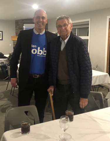 Ben Lobb re-elected as Huron Bruce MP for the Conservative party. Here he stands with Bob McKinley, who served as Conservative MP in Huron Bruce from 1965-1980. (KATHLEEN SMITH, Postmedia News)