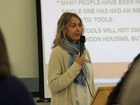 Gabriele Schotter, project manager at Luso Community Services, speaks Thursday at the Carling Heights Optimist Community Centre during the launch of a new initiative aimed at helping landlords and property managers better connect with new immigrants from the Buthanese Nepalis and Latino communities in London. (JONATHAN JUHA, The London Free Press)