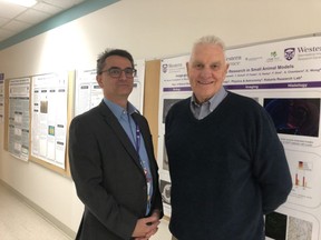 Glenn Bauman, left, is part of a Lawson Research Institute team testing a new way to pinpoint recurring prostate cancer that conventional scans can't detect in a clinical trial that eventually could help doctors personalize treatment for patients like Wayne Smith, 71, of Ingersoll, right. (Jennifer Bieman/The London Free Press)