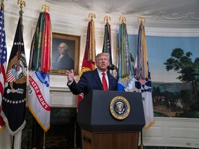 U.S. President Donald Trump makes a statement in the Diplomatic Reception Room of the White House October 27, 2019 in Washington, DC. President Trump announced that ISIS leader Abu Bakr al-Baghdadi has been killed in a military operation in northwest Syria. (Photo by Tasos Katopodis/Getty Images)