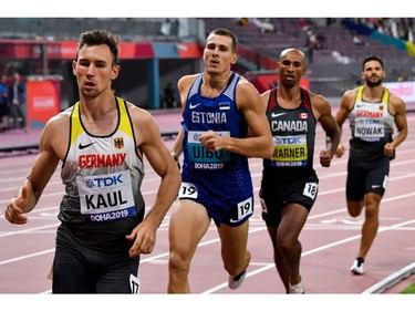 From L: Germany's Niklas Kaul, Estonia's Maicel Uibo and Canada's Damian Warner compete in the Men's 1500m Decathlon final at the 2019 IAAF Athletics World Championships at the Khalifa International stadium in Doha on October 3, 2019. 

1,500 metres: 4:40.77, ninth