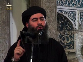 (FILES) This image grab taken from a propaganda video released on July 5, 2014 by al-Furqan Media allegedly shows the leader of the Islamic State (IS) jihadist group, Abu Bakr al-Baghdadi, AFP PHOTO / AL-FURQAN MEDIA / --/AFP/Getty Images