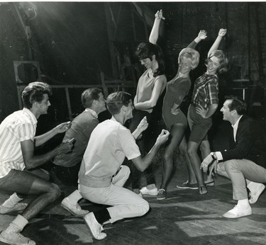 Alan Lund, right, one of Canada's best known dancers gives instructions to dancers trying out for parts in West Side Story at the Grand Theatre; from left Charles Moffatt, Leslie Smith, Lindsay Smith, Edie Smyth and Ruth Anne O'Farrell, and Janey Fidler, 1965. (London Free Press files)