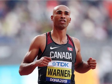London's Damian Warner, finishes first among all decathletes in the 100-metre dash in a time of 10.35 seconds at the World Athletics Championships in Doha,  Qatar, on Tuesday.