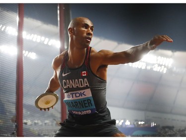 Canada's Damian Warner in action at the World Athletics Championships in Doha, Qatar, on Wednesday.

Discus: 42.19 metres, 20th
