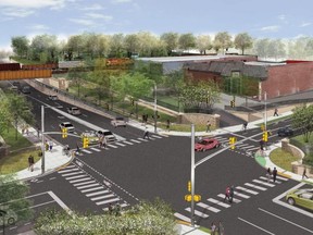 A design image shows a planned underpass that will help drivers and cyclists avoid delays caused by trains on the CP Rail lines crossing Adelaide Street, with a view looking north at Adelaide Street North and Central Avenue. (City of London)