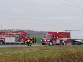 A man is dead after an early morning crash on Hwy. 4 south of Exeter on Tuesday, Oct. 29, 2019 (OPP photo)