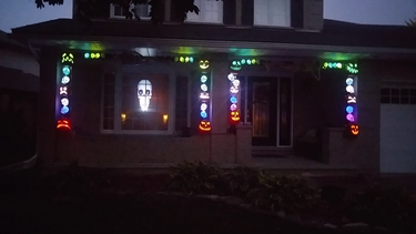 Leah Kleinjan has set up 500 LED lights in pumpkins and skulls in a large arch that flash to the tempo of music from the video that's playing on a large screen. Her husband spent more than 100 hours programming the show. Visit them at 86 Whisperwood Cres.