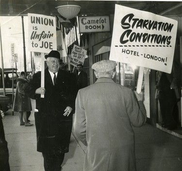 Joe McManus, owner of Hotel London, pickets with his workers, 1968. (London Free Press files)