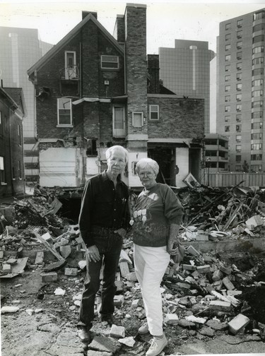 Johnny & Dorothy Downs, owners of Latin Quarter, at the site where it was demolished, 1990. (London Free Press files)