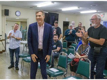 People's Party of Canada leader Maxime Bernie is welcomed with applause by about 50 people at the Lion's Club in Strathroy on Tuesday Oct. 1, 2019. (Derek Ruttan/The London Free Press)