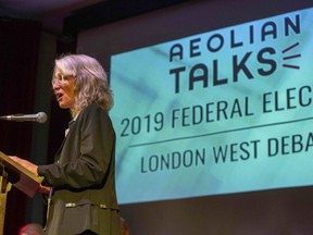 London West Green Party candidate Mary Ann Hodge speaks during a debate at Aeolian Hall in London, Ont. on Wednesday Oct. 2, 2019. (Derek Ruttan/The London Free Press)