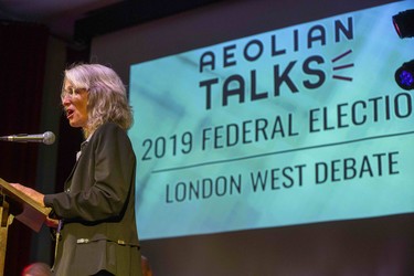 London West Green Party candidate Mary Ann Hodge speaks during a debate at Aeolian Hall in London, Ont. on Wednesday October 2, 2019. Derek Ruttan/The London Free Press/Postmedia Network