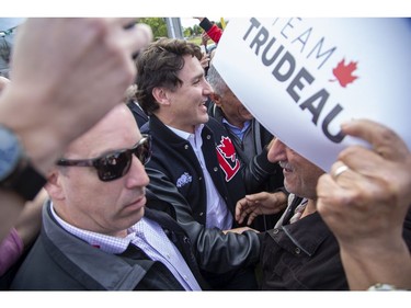 Liberal Party Leader Justin Trudeau greets supporters outside the campaign office of London-Fanshawe candidate Mohamed Hammoud on Monday Oct. 14, 2019. Derek Ruttan/The London Free Press