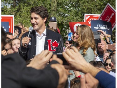 Liberal Party Leader Justin Trudeau, accompanied by his wife Sophie Gregoire Trudeau, speaks to supporters outside the campaign office of London-Fanshawe candidate Mohamed Hammoud on Monday Oct. 14, 2019. Derek Ruttan/The London Free Press