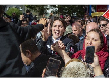 Liberal Party Leader Justin Trudeau greets supporters outside the campaign office of London-Fanshawe candidate Mohamed Hammoud on Monday Oct. 14, 2019. Derek Ruttan/The London Free Press